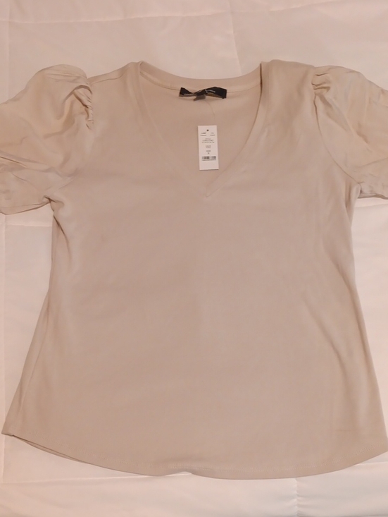 White House Black Market Tops - White House Black Market Beige V-Neck Puff Sleeve Top